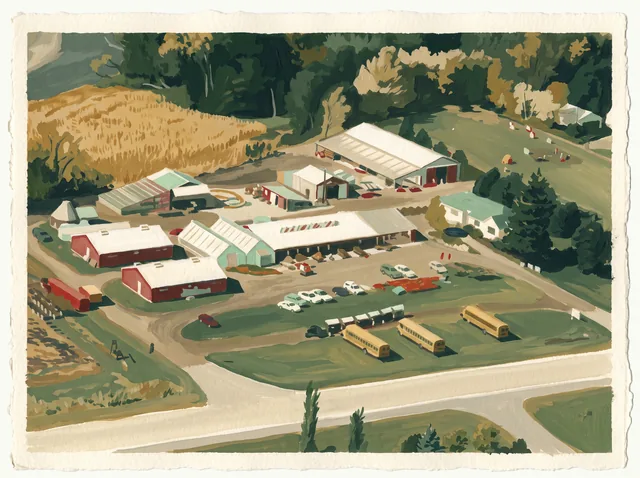 A painting of the family market seen from the air