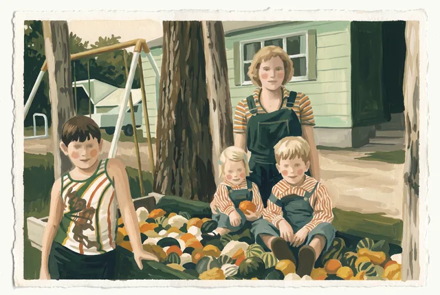 A painting of Cindy with Todd, Troy and Tania on a wagon of gourds by the farmhouse