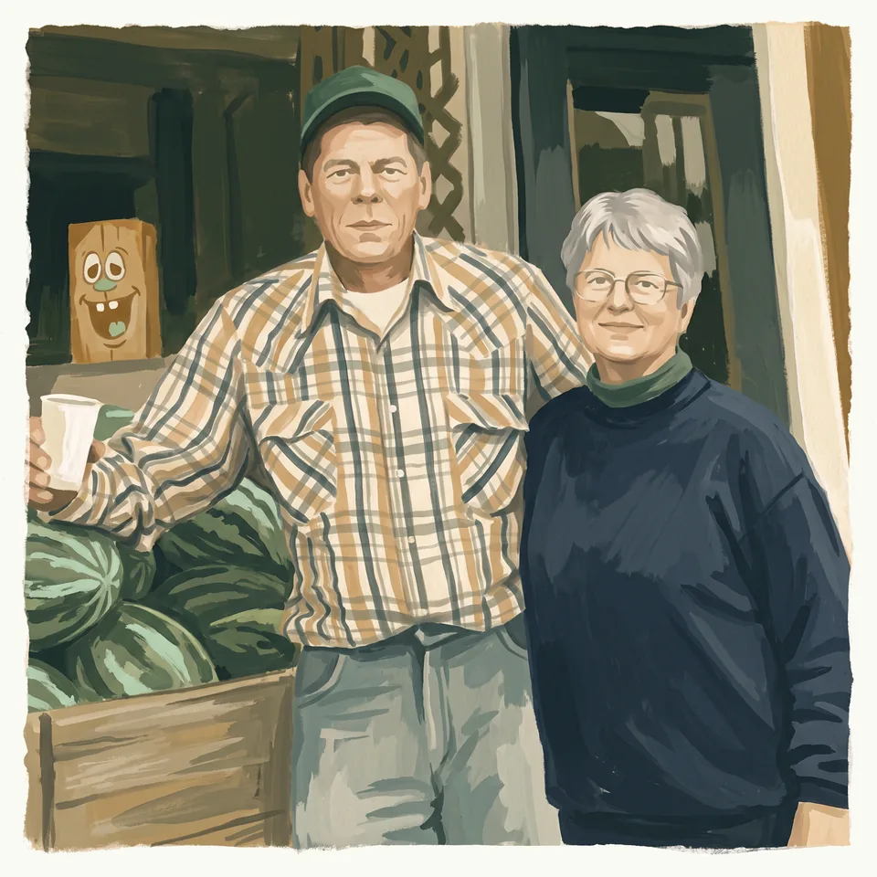 A painting of Gordy and Dorothy Kopischke at the market with a bin of watermelons
