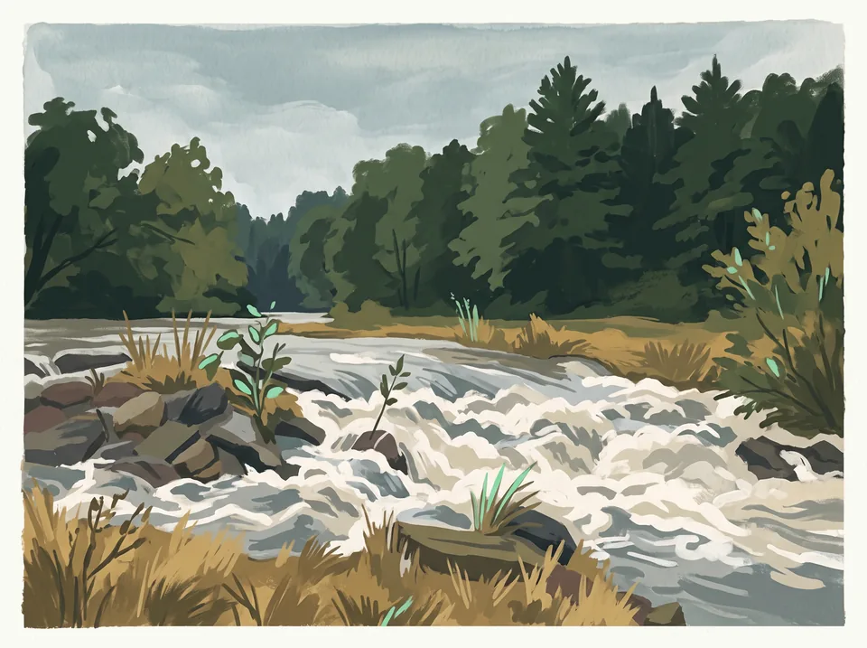 A painting of Kelley Creek running over rocks