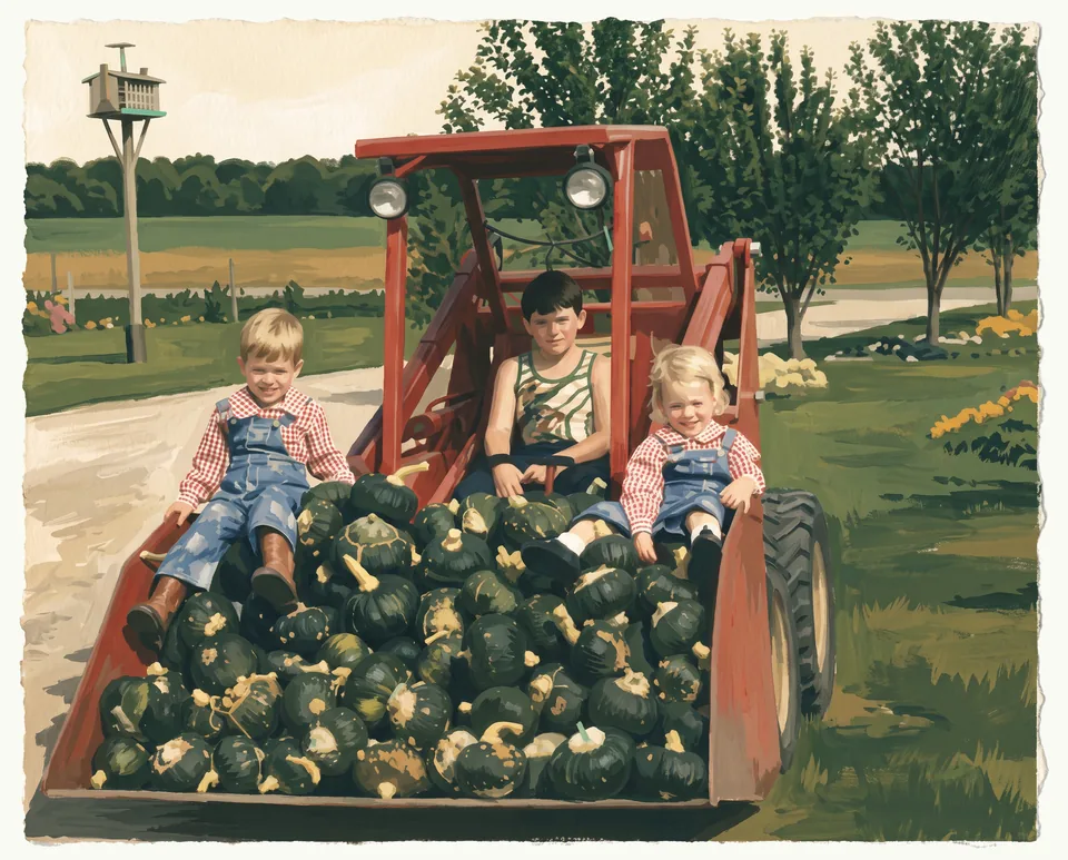 A painting of Todd, Troy and Tania as children in a red skid loader bucket full of green squash