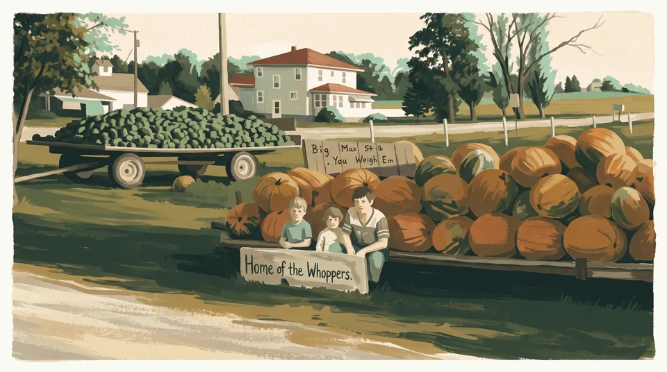 A painting of Todd, Troy and Tania at the family pumpkin stand, with a wagon of squash and the farmhouse behind