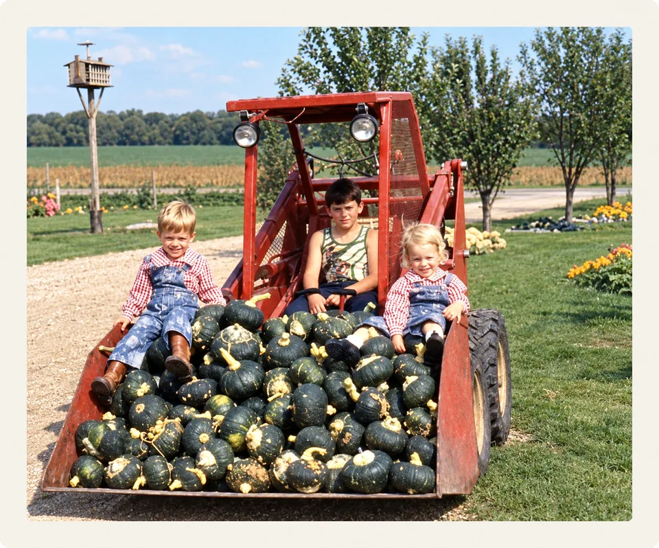 Todd, Troy and Tania as children, sitting in a red skid loader bucket full of green squash