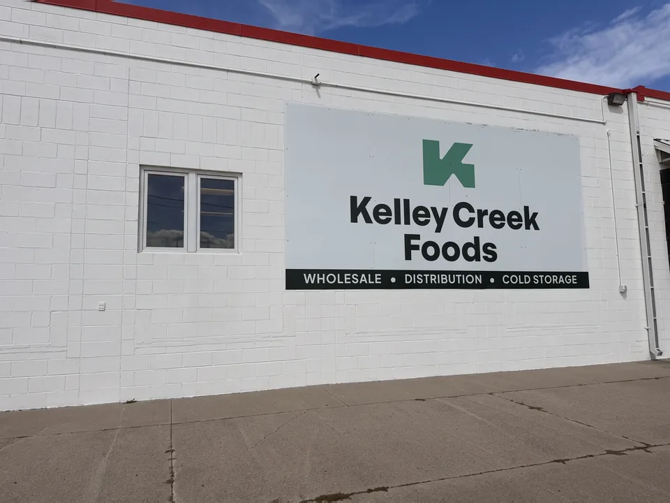 The Kelley Creek Foods building in Albert Lea, with the sign on the wall