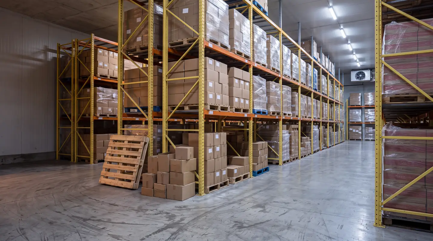 Loaded yellow and orange pallet racks along an aisle in a cold storage warehouse, with an empty pallet leaning against a rack