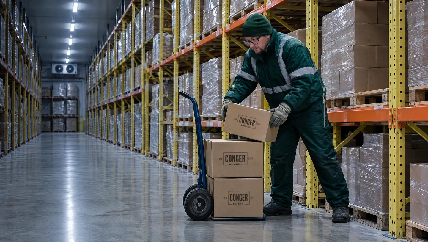 A warehouse worker loads Conger Meat Market cases onto a hand truck beside yellow and orange pallet racks