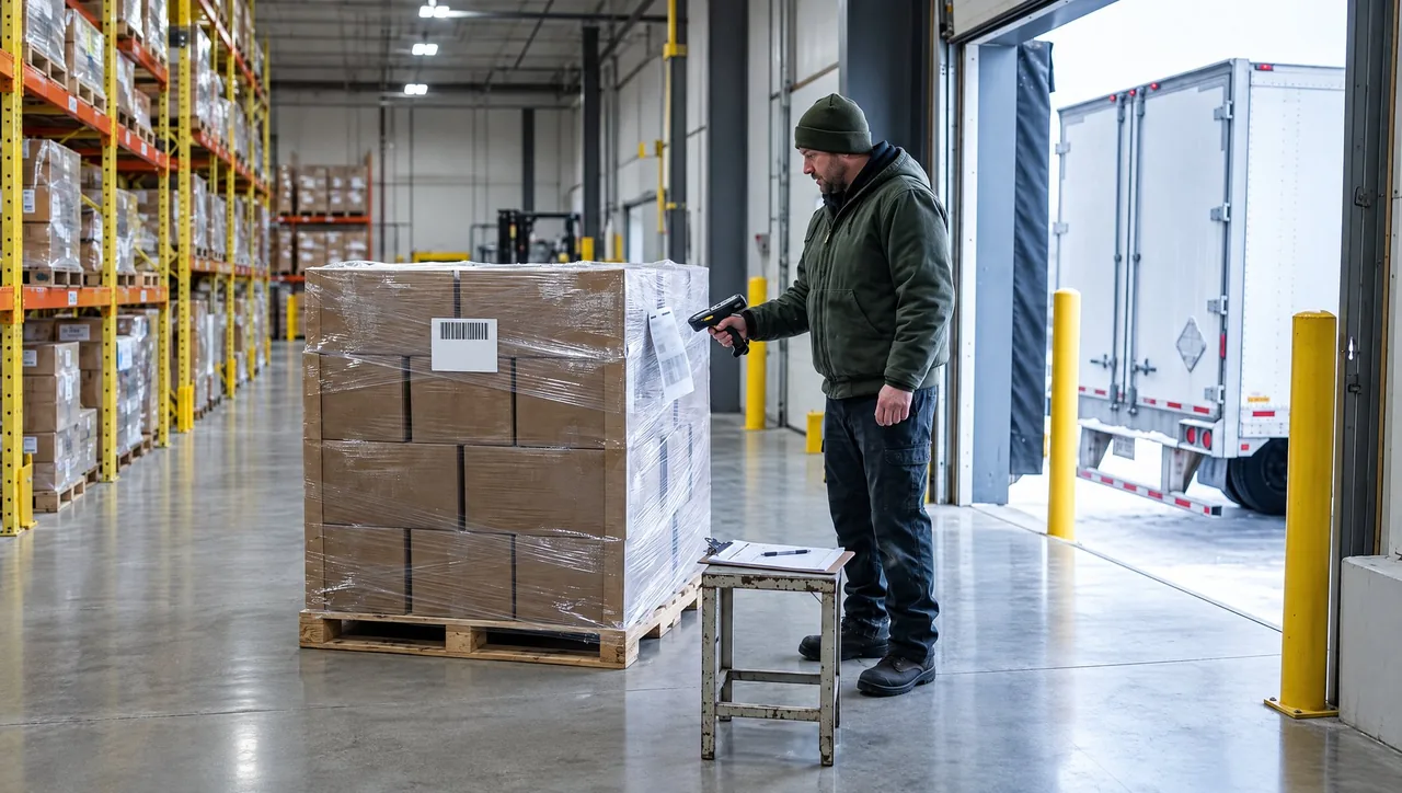 A warehouse worker scans the tag on a pallet of cases at the receiving area