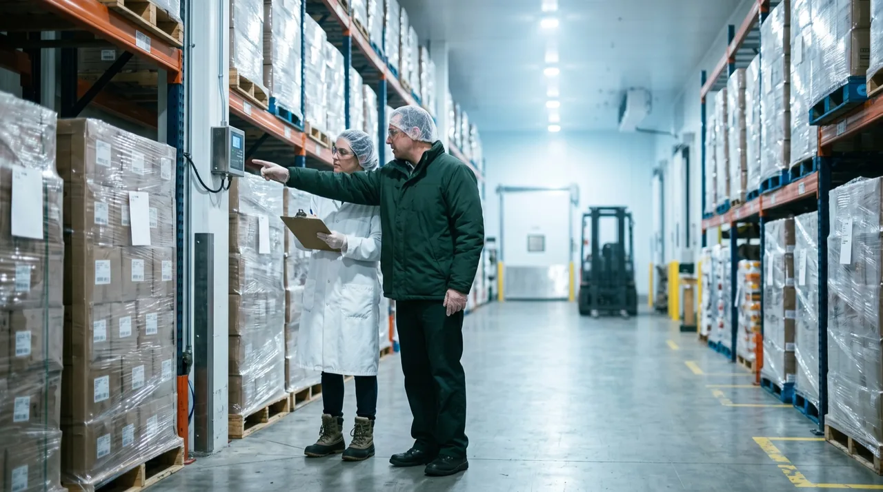 An auditor with a clipboard reads a temperature logger beside a pallet rack with the warehouse manager