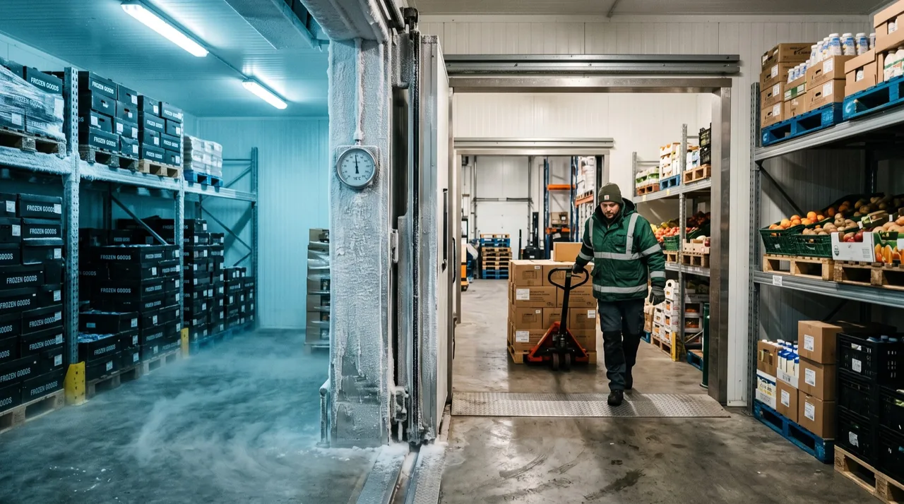 A worker pushes a pallet jack from the frosted freezer room into the refrigerated room