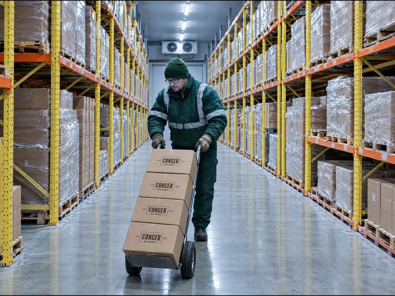 A warehouse worker wheels a hand truck stacked with Conger Meat Market cases down an aisle of yellow and orange pallet racks