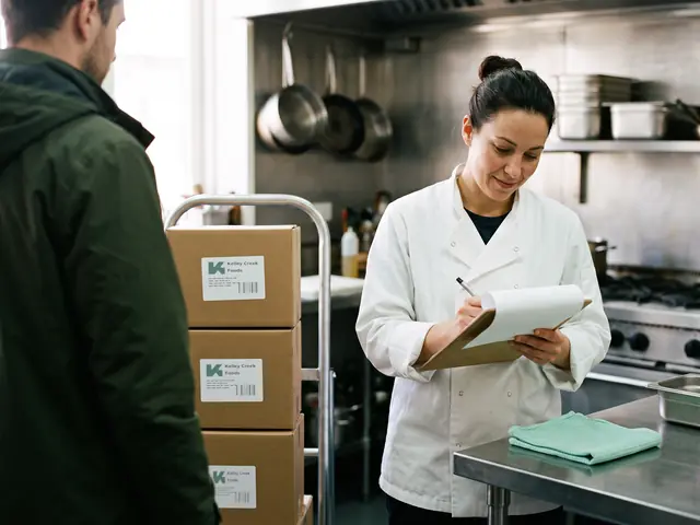 A chef signing a delivery slip in a restaurant kitchen while a driver waits with cases on a dolly