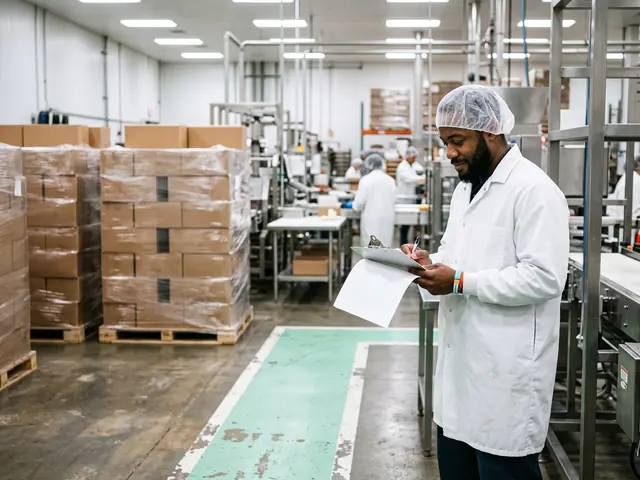 A plant manager in a hairnet and white coat checking a clipboard beside pallets of boxed product on a food processing floor