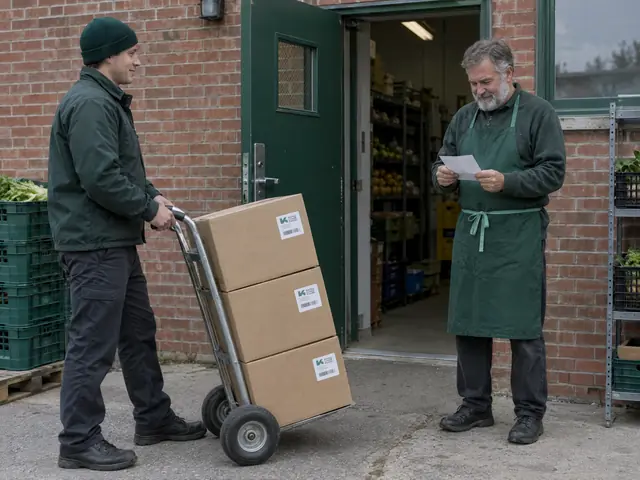 A delivery driver holds a hand truck of cases while a grocer checks the delivery slip at the back door of a store